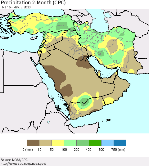 Middle East and Turkey Precipitation 2-Month (CPC) Thematic Map For 3/6/2020 - 5/5/2020