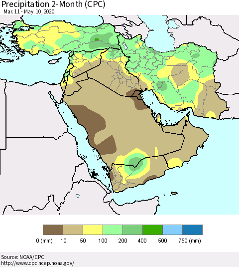 Middle East and Turkey Precipitation 2-Month (CPC) Thematic Map For 3/11/2020 - 5/10/2020