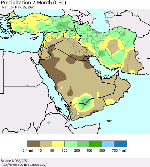 Middle East and Turkey Precipitation 2-Month (CPC) Thematic Map For 3/16/2020 - 5/15/2020
