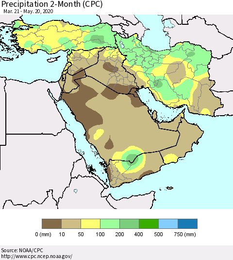 Middle East and Turkey Precipitation 2-Month (CPC) Thematic Map For 3/21/2020 - 5/20/2020