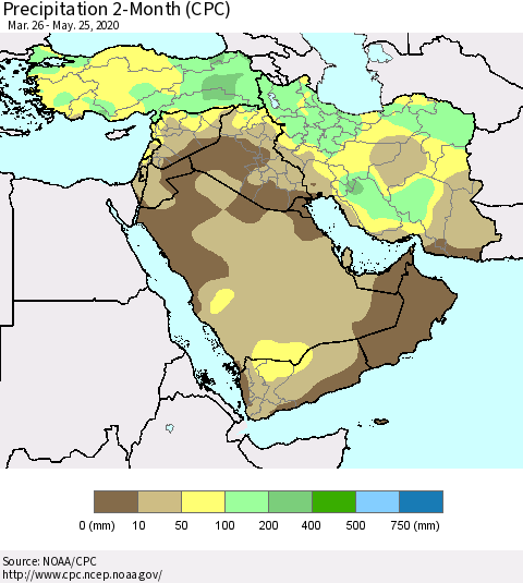 Middle East and Turkey Precipitation 2-Month (CPC) Thematic Map For 3/26/2020 - 5/25/2020