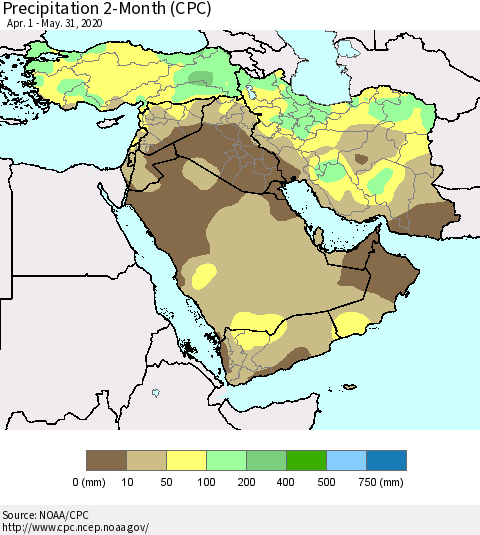 Middle East and Turkey Precipitation 2-Month (CPC) Thematic Map For 4/1/2020 - 5/31/2020