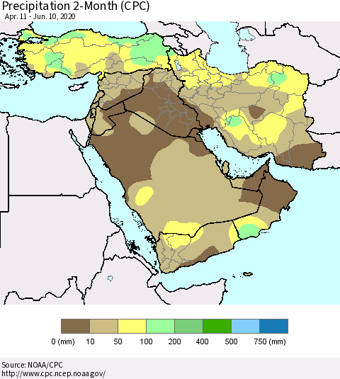 Middle East and Turkey Precipitation 2-Month (CPC) Thematic Map For 4/11/2020 - 6/10/2020