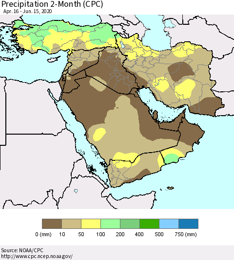 Middle East and Turkey Precipitation 2-Month (CPC) Thematic Map For 4/16/2020 - 6/15/2020