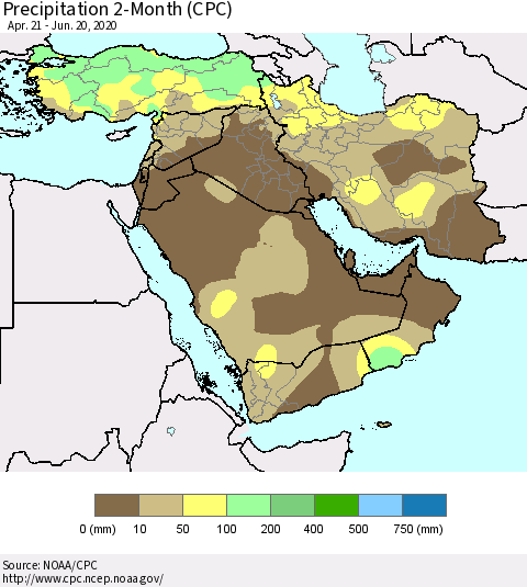 Middle East and Turkey Precipitation 2-Month (CPC) Thematic Map For 4/21/2020 - 6/20/2020