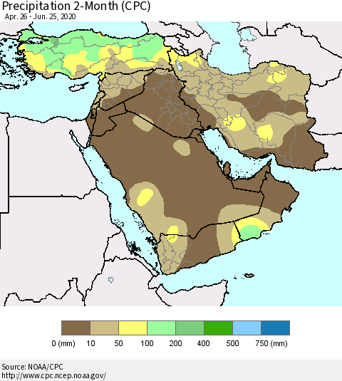 Middle East and Turkey Precipitation 2-Month (CPC) Thematic Map For 4/26/2020 - 6/25/2020
