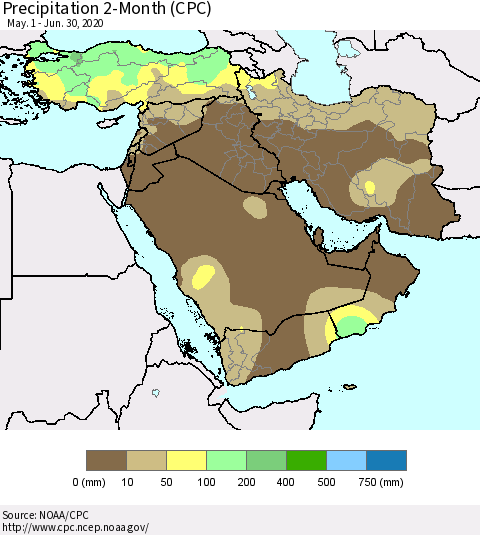 Middle East and Turkey Precipitation 2-Month (CPC) Thematic Map For 5/1/2020 - 6/30/2020