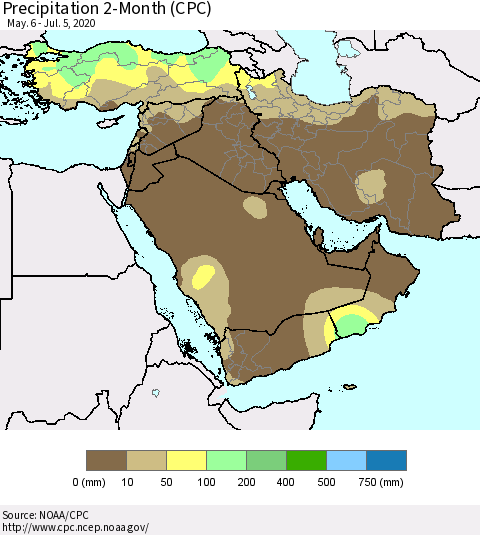 Middle East and Turkey Precipitation 2-Month (CPC) Thematic Map For 5/6/2020 - 7/5/2020