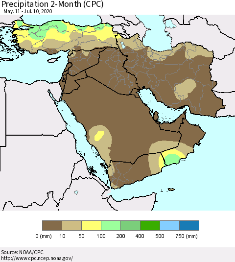 Middle East and Turkey Precipitation 2-Month (CPC) Thematic Map For 5/11/2020 - 7/10/2020
