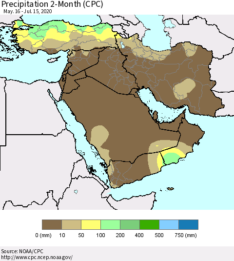 Middle East and Turkey Precipitation 2-Month (CPC) Thematic Map For 5/16/2020 - 7/15/2020