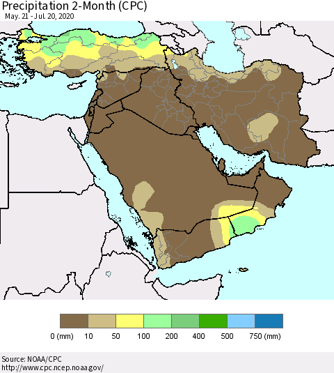 Middle East and Turkey Precipitation 2-Month (CPC) Thematic Map For 5/21/2020 - 7/20/2020