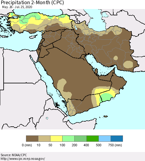 Middle East and Turkey Precipitation 2-Month (CPC) Thematic Map For 5/26/2020 - 7/25/2020