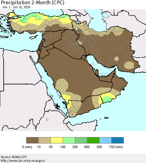 Middle East and Turkey Precipitation 2-Month (CPC) Thematic Map For 6/1/2020 - 7/31/2020