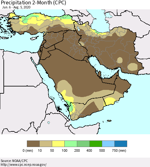 Middle East and Turkey Precipitation 2-Month (CPC) Thematic Map For 6/6/2020 - 8/5/2020