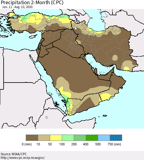 Middle East and Turkey Precipitation 2-Month (CPC) Thematic Map For 6/11/2020 - 8/10/2020