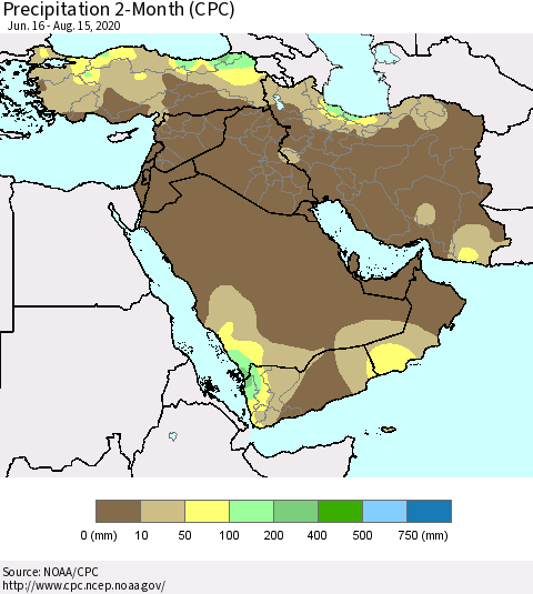 Middle East and Turkey Precipitation 2-Month (CPC) Thematic Map For 6/16/2020 - 8/15/2020