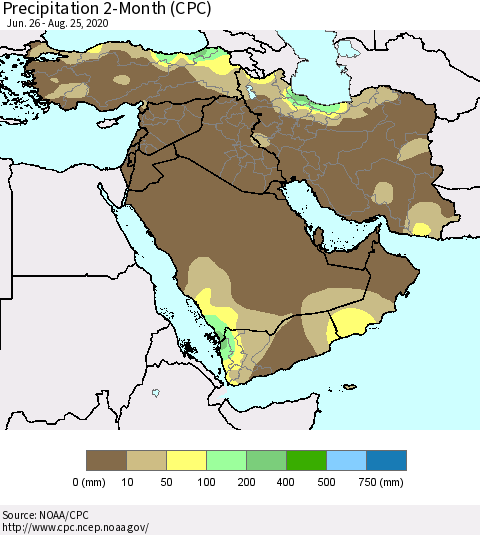 Middle East and Turkey Precipitation 2-Month (CPC) Thematic Map For 6/26/2020 - 8/25/2020