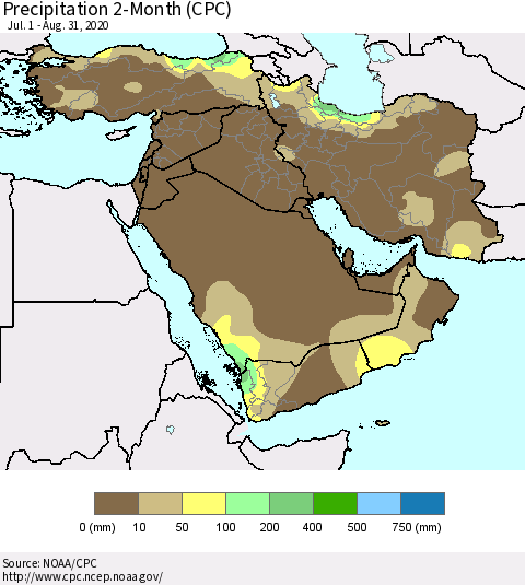 Middle East and Turkey Precipitation 2-Month (CPC) Thematic Map For 7/1/2020 - 8/31/2020