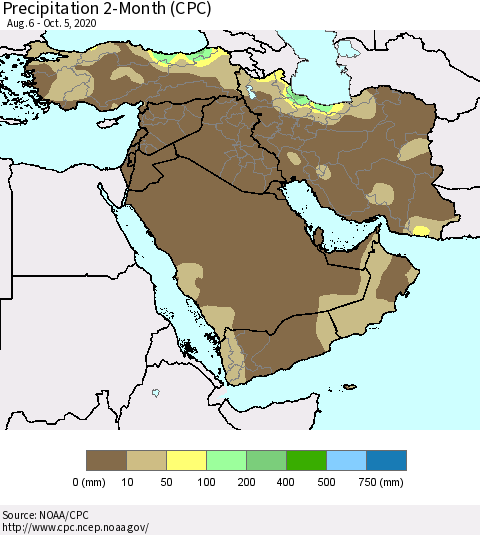 Middle East and Turkey Precipitation 2-Month (CPC) Thematic Map For 8/6/2020 - 10/5/2020