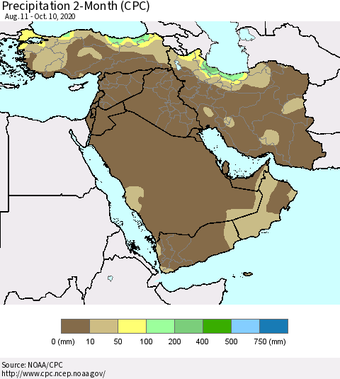 Middle East and Turkey Precipitation 2-Month (CPC) Thematic Map For 8/11/2020 - 10/10/2020