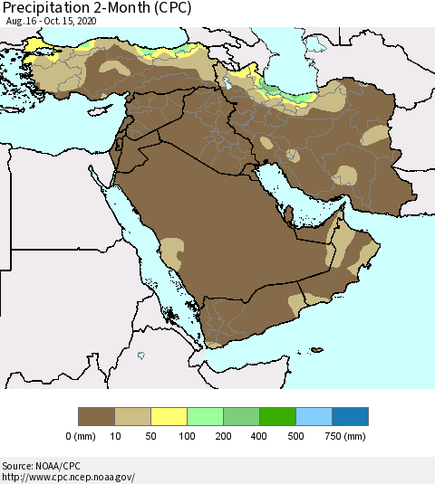 Middle East and Turkey Precipitation 2-Month (CPC) Thematic Map For 8/16/2020 - 10/15/2020