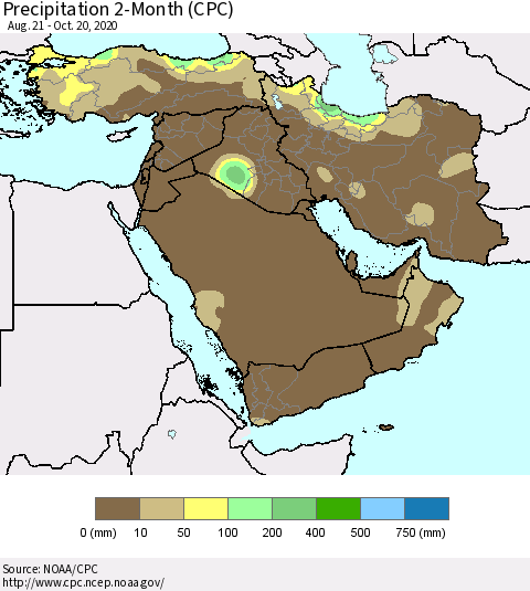 Middle East and Turkey Precipitation 2-Month (CPC) Thematic Map For 8/21/2020 - 10/20/2020