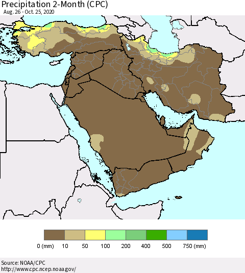 Middle East and Turkey Precipitation 2-Month (CPC) Thematic Map For 8/26/2020 - 10/25/2020