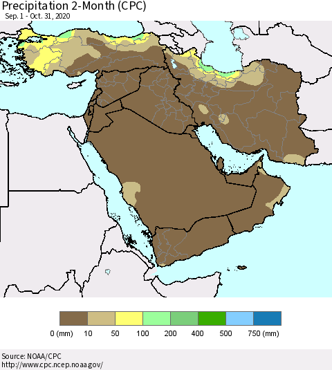 Middle East and Turkey Precipitation 2-Month (CPC) Thematic Map For 9/1/2020 - 10/31/2020