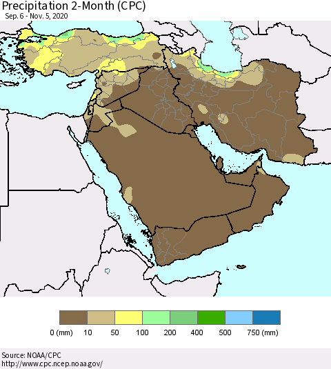 Middle East and Turkey Precipitation 2-Month (CPC) Thematic Map For 9/6/2020 - 11/5/2020