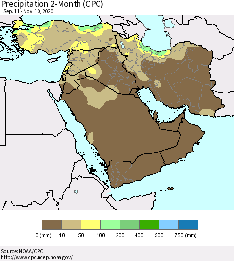 Middle East and Turkey Precipitation 2-Month (CPC) Thematic Map For 9/11/2020 - 11/10/2020