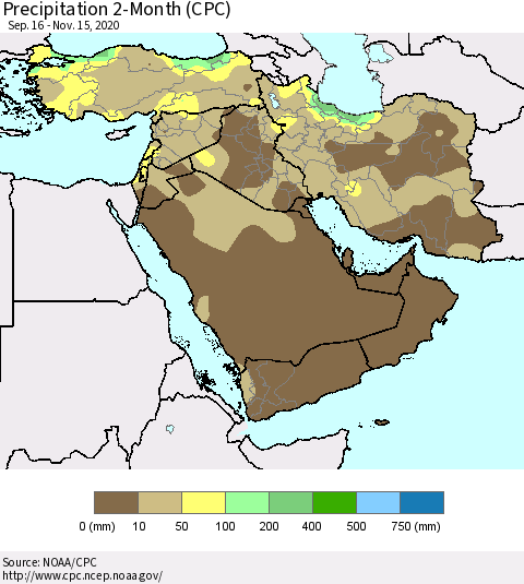 Middle East and Turkey Precipitation 2-Month (CPC) Thematic Map For 9/16/2020 - 11/15/2020