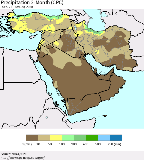 Middle East and Turkey Precipitation 2-Month (CPC) Thematic Map For 9/21/2020 - 11/20/2020