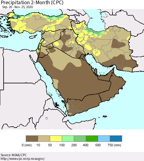 Middle East and Turkey Precipitation 2-Month (CPC) Thematic Map For 9/26/2020 - 11/25/2020