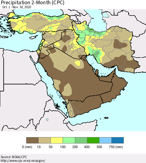 Middle East and Turkey Precipitation 2-Month (CPC) Thematic Map For 10/1/2020 - 11/30/2020