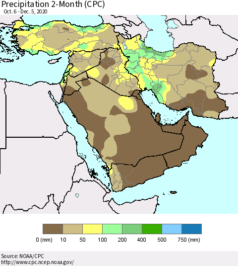 Middle East and Turkey Precipitation 2-Month (CPC) Thematic Map For 10/6/2020 - 12/5/2020