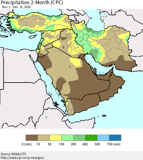 Middle East and Turkey Precipitation 2-Month (CPC) Thematic Map For 11/1/2020 - 12/31/2020