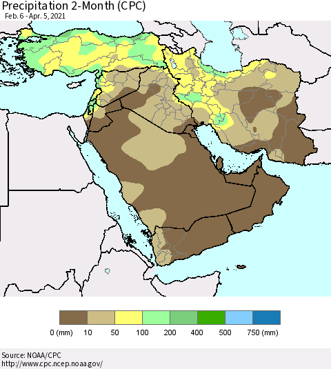 Middle East and Turkey Precipitation 2-Month (CPC) Thematic Map For 2/6/2021 - 4/5/2021