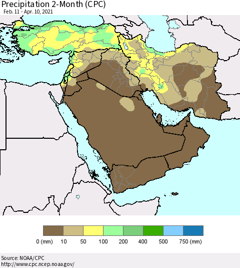 Middle East and Turkey Precipitation 2-Month (CPC) Thematic Map For 2/11/2021 - 4/10/2021
