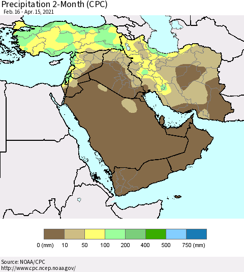 Middle East and Turkey Precipitation 2-Month (CPC) Thematic Map For 2/16/2021 - 4/15/2021