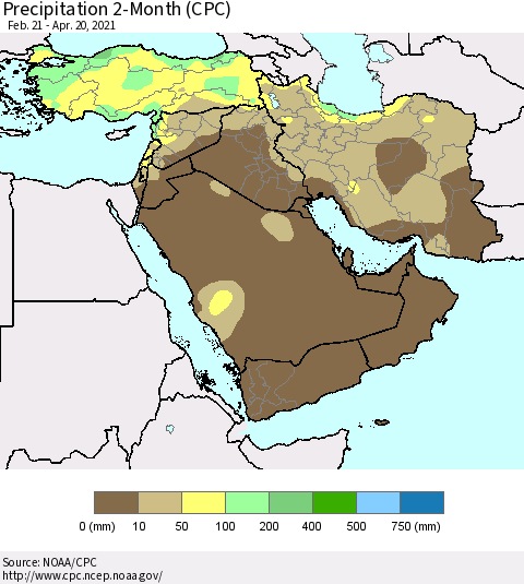 Middle East and Turkey Precipitation 2-Month (CPC) Thematic Map For 2/21/2021 - 4/20/2021