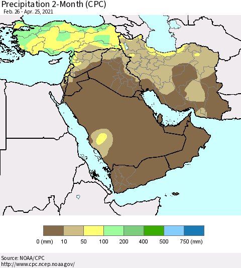 Middle East and Turkey Precipitation 2-Month (CPC) Thematic Map For 2/26/2021 - 4/25/2021