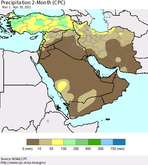 Middle East and Turkey Precipitation 2-Month (CPC) Thematic Map For 3/1/2021 - 4/30/2021