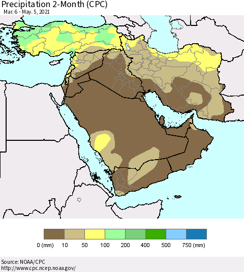 Middle East and Turkey Precipitation 2-Month (CPC) Thematic Map For 3/6/2021 - 5/5/2021