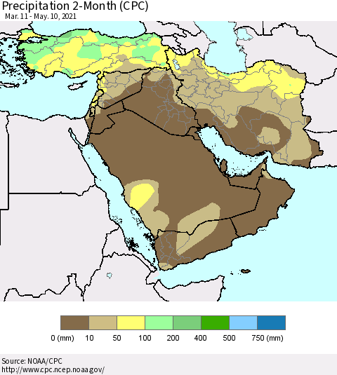 Middle East and Turkey Precipitation 2-Month (CPC) Thematic Map For 3/11/2021 - 5/10/2021
