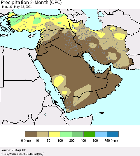 Middle East and Turkey Precipitation 2-Month (CPC) Thematic Map For 3/16/2021 - 5/15/2021
