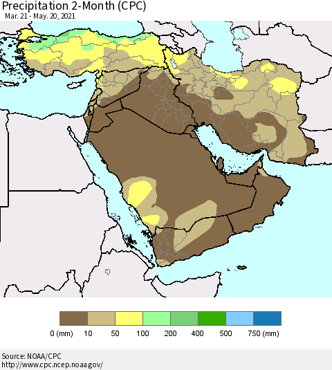 Middle East and Turkey Precipitation 2-Month (CPC) Thematic Map For 3/21/2021 - 5/20/2021