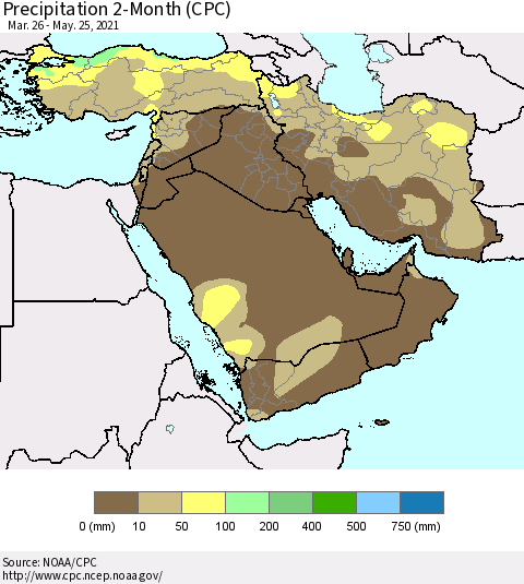 Middle East and Turkey Precipitation 2-Month (CPC) Thematic Map For 3/26/2021 - 5/25/2021