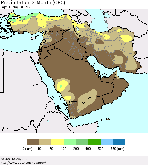 Middle East and Turkey Precipitation 2-Month (CPC) Thematic Map For 4/1/2021 - 5/31/2021
