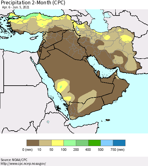Middle East and Turkey Precipitation 2-Month (CPC) Thematic Map For 4/6/2021 - 6/5/2021