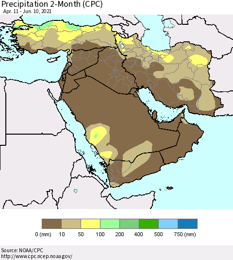 Middle East and Turkey Precipitation 2-Month (CPC) Thematic Map For 4/11/2021 - 6/10/2021